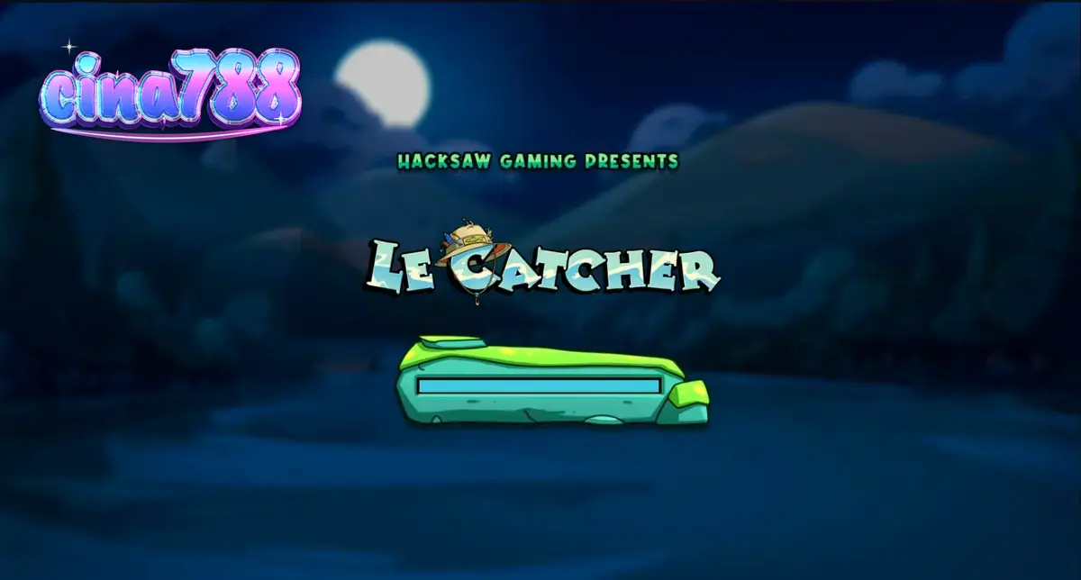 Karakter rakun nelayan dalam slot Le Catcher dengan latar belakang dermaga malam hari.